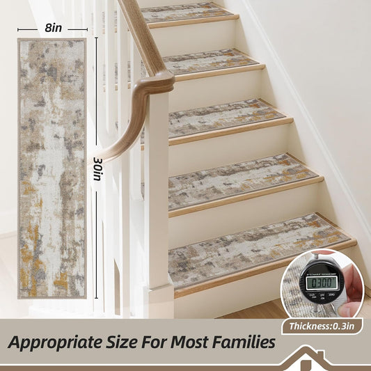 BEQHAUSE Stair Treads for Wooden Steps Non-Slip Machine Washable Carpet Stair Treads 8"X30" Soft Indoor Stair Runner for Kids Elders and Pets, 100% Polyester, TPE Backing, 15pcs, Grey/Orange