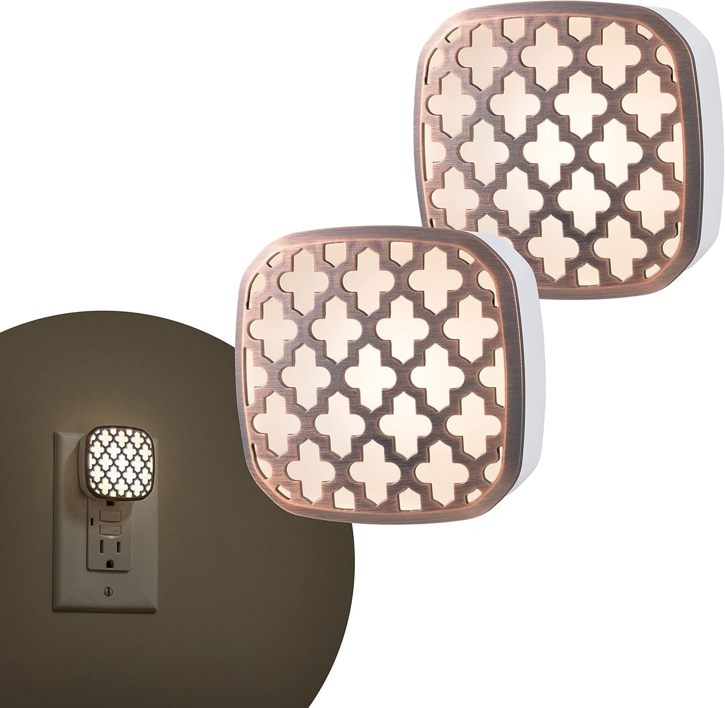 Lights by Night Decorative LED Night Light, Brushed Nickel Flower Design, Plug-in, Dusk to Dawn Sensor, UL-Certified, Home Decor, Ideal for Bedroom, Bathroom, Kitchen, Hallway, 54744, 2 Pack