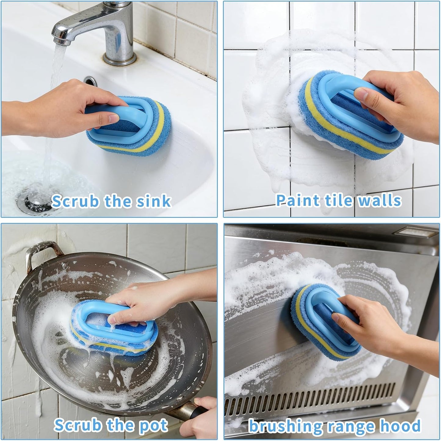 Shower Scrubber with Handle - Bathroom Cleaning Sponge Brush for Bathtub, Tile, Toilet & Kitchen Sink - Heavy Duty Scrub Pad, Ergonomic Grip, Blue (1 Pack)