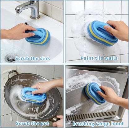 Shower Scrubber with Handle - Bathroom Cleaning Sponge Brush for Bathtub, Tile, Toilet & Kitchen Sink - Heavy Duty Scrub Pad, Ergonomic Grip, Blue (1 Pack)