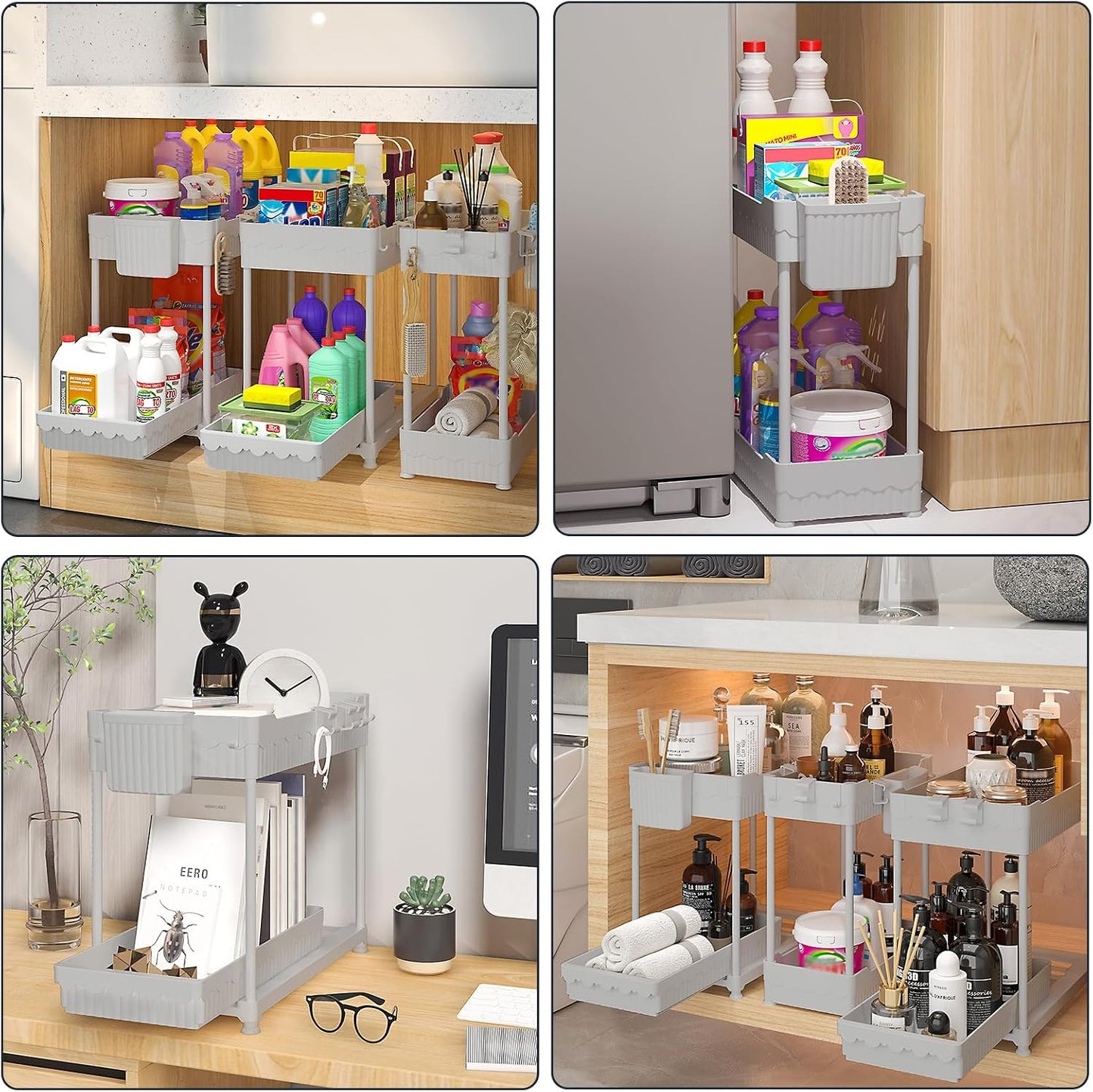 Sevenblue 3-Pack 2-Tier Under Sink Organizers with Sliding Drawers | Multi-use kitchen & bathroom storage, 12.8 inch black cabinet organizer, space-saving sliding drawer design.