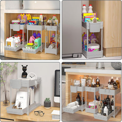 Sevenblue 3-Pack 2-Tier Under Sink Organizers with Sliding Drawers | Multi-use kitchen & bathroom storage, 12.8 inch black cabinet organizer, space-saving sliding drawer design.