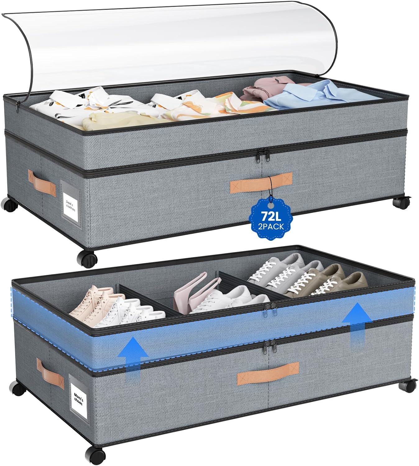 Storage Box,Under Bed Storage with Wheels 72L XXL Under the Bed Storage Containers Large, 10‘’ Tall Adjustable Storage for Underbed with Lids, Rolling for Shoes, Clothes, Blankets, Grey