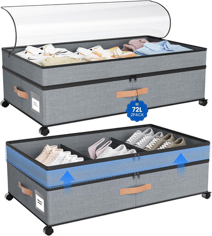 Storage Box,Under Bed Storage with Wheels 72L XXL Under the Bed Storage Containers Large, 10‘’ Tall Adjustable Storage for Underbed with Lids, Rolling for Shoes, Clothes, Blankets, Grey
