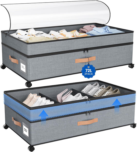 Storage Box,Under Bed Storage with Wheels 72L XXL Under the Bed Storage Containers Large, 10‘’ Tall Adjustable Storage for Underbed with Lids, Rolling for Shoes, Clothes, Blankets, Grey