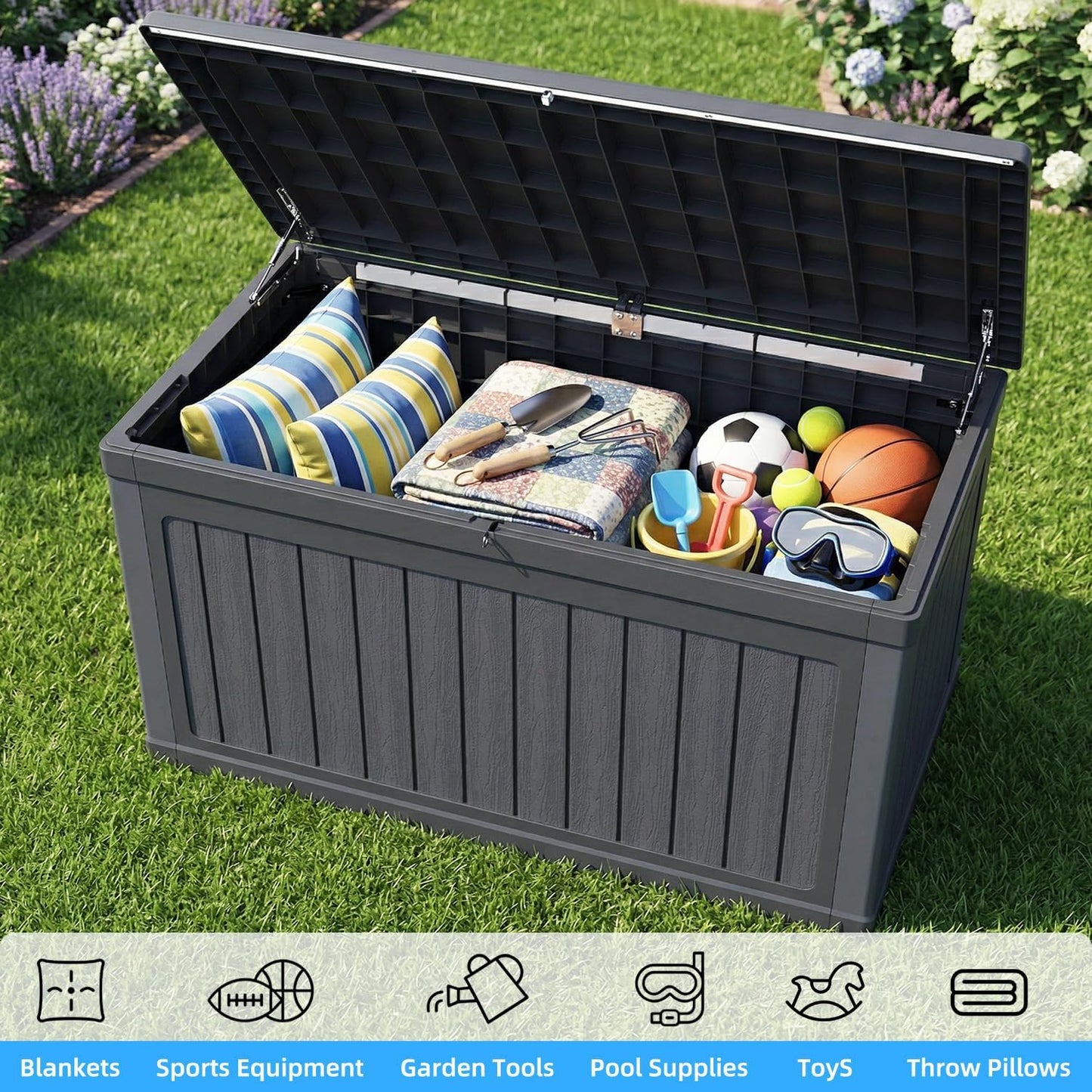 200 Gallon Deck Box, Resin Outdoor Waterproof Storage Box, Lockable Storage Box With Handle for Patio Furniture - Garden Tools - Swimming Pool Tools UV Resistant, Black