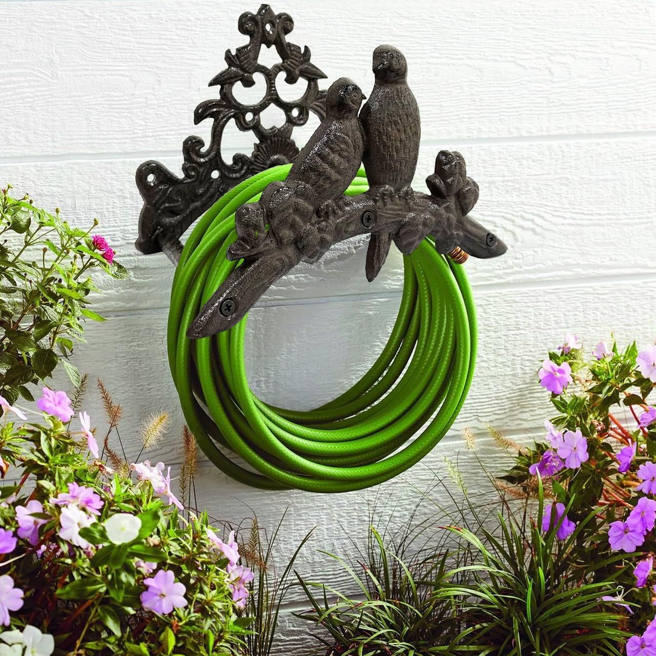Garden Hose Holder Cast Iron Heavy Duty Water Hose Hanger, Outside Wall Mount, Solid Metal Decorative Rack/Organizer/Stand, Easy to Install, Hold Up to 50/75/100 ft (Hose holder - 2 Birds)