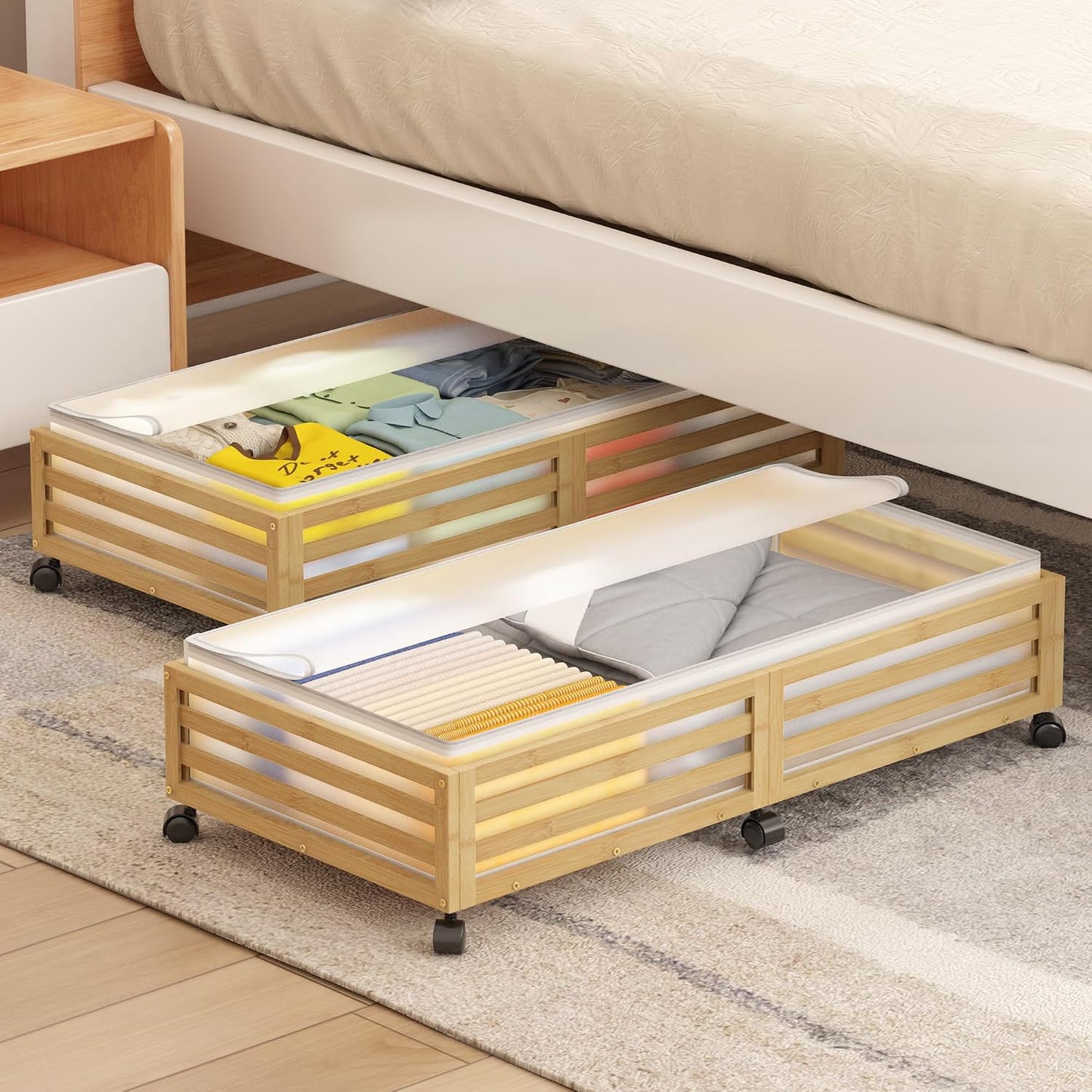 Under Bed Storage Containers With Wheels - 2 Pcs Bamboo Wood Rolling Underbed Shoe Storage Bins With Dust Bags for Clothes Blankets, Duvet Covers Snacks Toys (Natural)