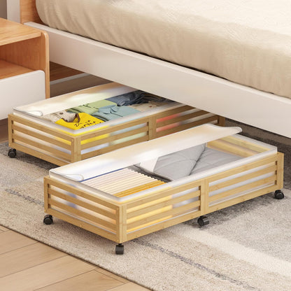 Under Bed Storage Containers With Wheels - 2 Pcs Bamboo Wood Rolling Underbed Shoe Storage Bins With Dust Bags for Clothes Blankets, Duvet Covers Snacks Toys (Natural)