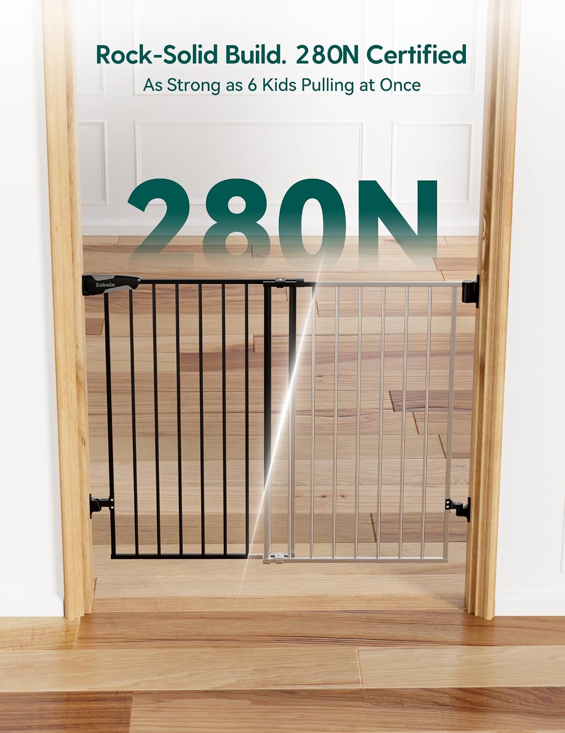 Babelio Baby Gate for Stairs, Kitchen & Doorways, No Bottom Bar| One-Handed Operation| Auto-Close| Hardware Mount (Drill Needed) Safety Dog/Pet Gate (Black - B17, 26-43" W, 28" H)