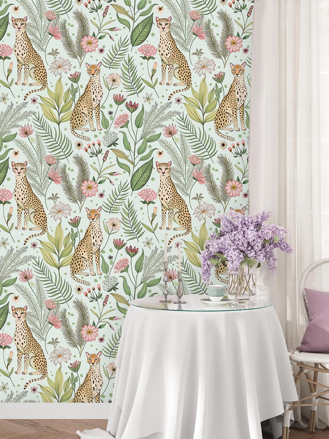 Floralplus Peel and Stick Wallpaper Leopard Jungle Removable Wallpaper for Bathroom Renter Friendly Wallpapers Self Adhesive Animal Floral Contact Paper for Accent Wall 17.5 x 118 in