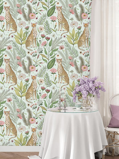 Floralplus Peel and Stick Wallpaper Leopard Jungle Removable Wallpaper for Bathroom Renter Friendly Wallpapers Self Adhesive Animal Floral Contact Paper for Accent Wall 17.5 x 118 in
