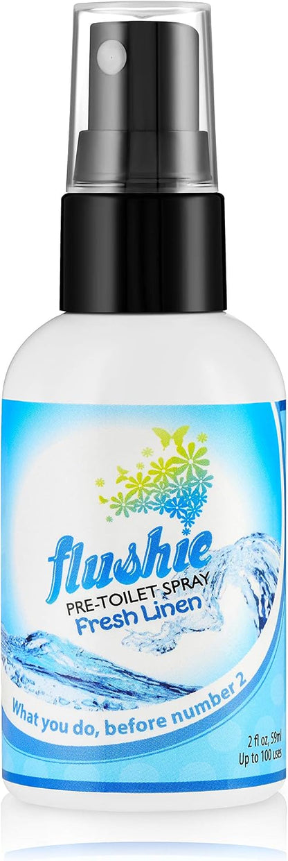 Flushie Pre-Toilet Spray Travel Size Toiletries Bathroom Spray for Toilet Deodorizer Traveling Essentials - Poop Odor Eliminator (Linen, 1oz 3pack)