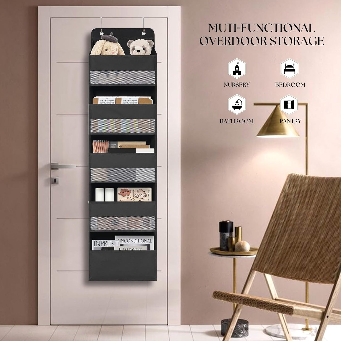 TYMENSH White Over Door Organizer with 5 Large Clear Pockets and 6 Side Mesh Pockets, Anti-Tilt Hanging Door Storage for Nursery, Bathroom, Closet, Bedroom, Dorm, Toys