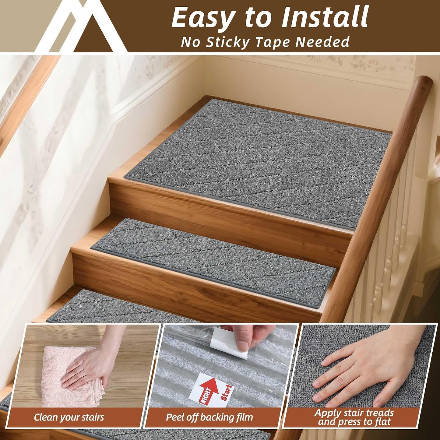 COSY HOMEER Edging Stair Treads Non-Slip Carpet Mat 28inX9in Indoor Stair Runners for Wooden Steps, Edging Stair Rugs for Kids and Dogs, 100% Polyester TPE Backing(4pc, Beige)