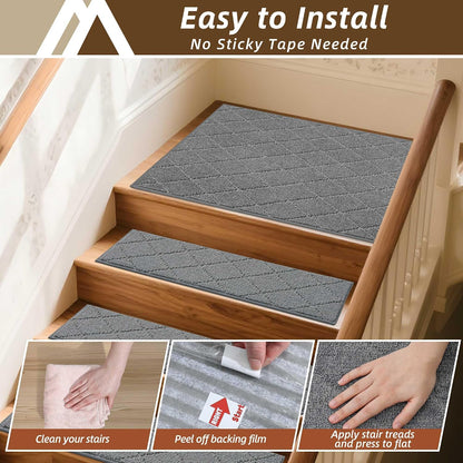 COSY HOMEER Edging Stair Treads Non-Slip Carpet Mat 28inX9in Indoor Stair Runners for Wooden Steps, Edging Stair Rugs for Kids and Dogs, 100% Polyester TPE Backing(4pc, Beige)