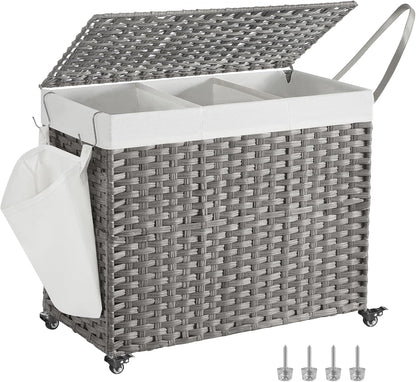 SONGMICS Laundry Hamper with Lid, 37 Gallons (140 L), Rolling Laundry Basket with Wheels, 3-Section Synthetic Rattan, Removable Liner, Bedroom, 26 x 13 x 26 Inches, Gray ULCB363G01