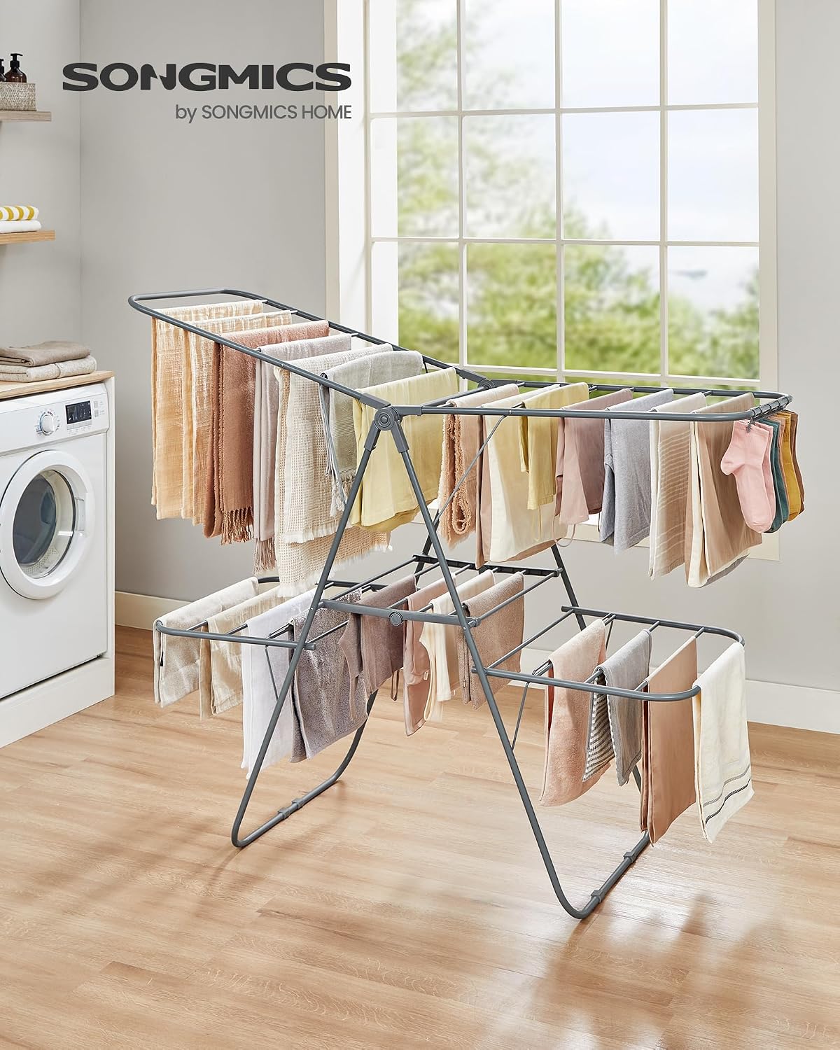 SONGMICS Clothes Drying Rack, Foldable 2-Level Laundry Drying Rack, Free-Standing Laundry Airer, with Height-Adjustable Wings, 33 Drying Rails, Sock Clips, Silver and Blue ULLR53BUV1
