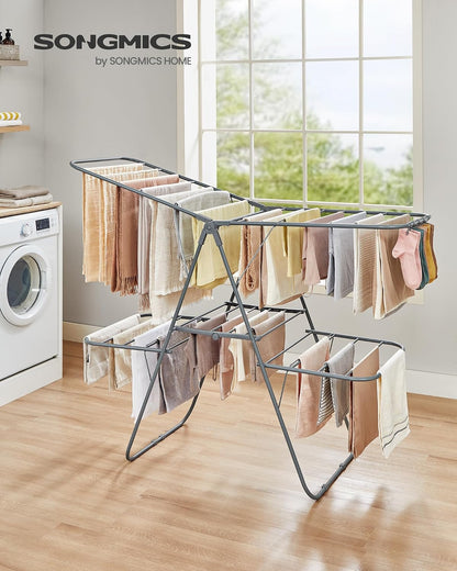 SONGMICS Clothes Drying Rack, Foldable 2-Level Laundry Drying Rack, Free-Standing Laundry Airer, with Height-Adjustable Wings, 33 Drying Rails, Sock Clips, Silver and Blue ULLR53BUV1