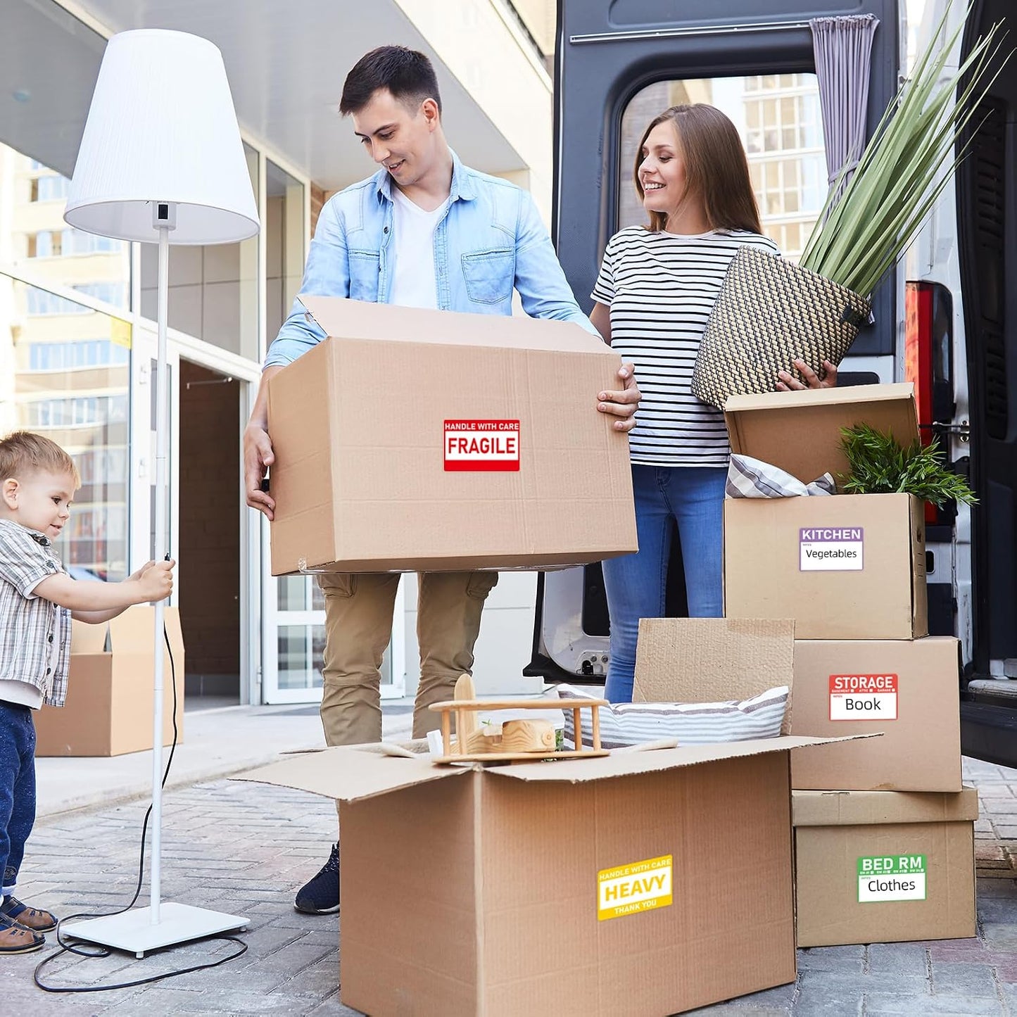 320 Count Home Moving Labels- 3 x 2 inches, Removable Packing Box Stickers, 8 Designs Waterproof Color Coded Moving Stickers with Fragile and Blank Labels