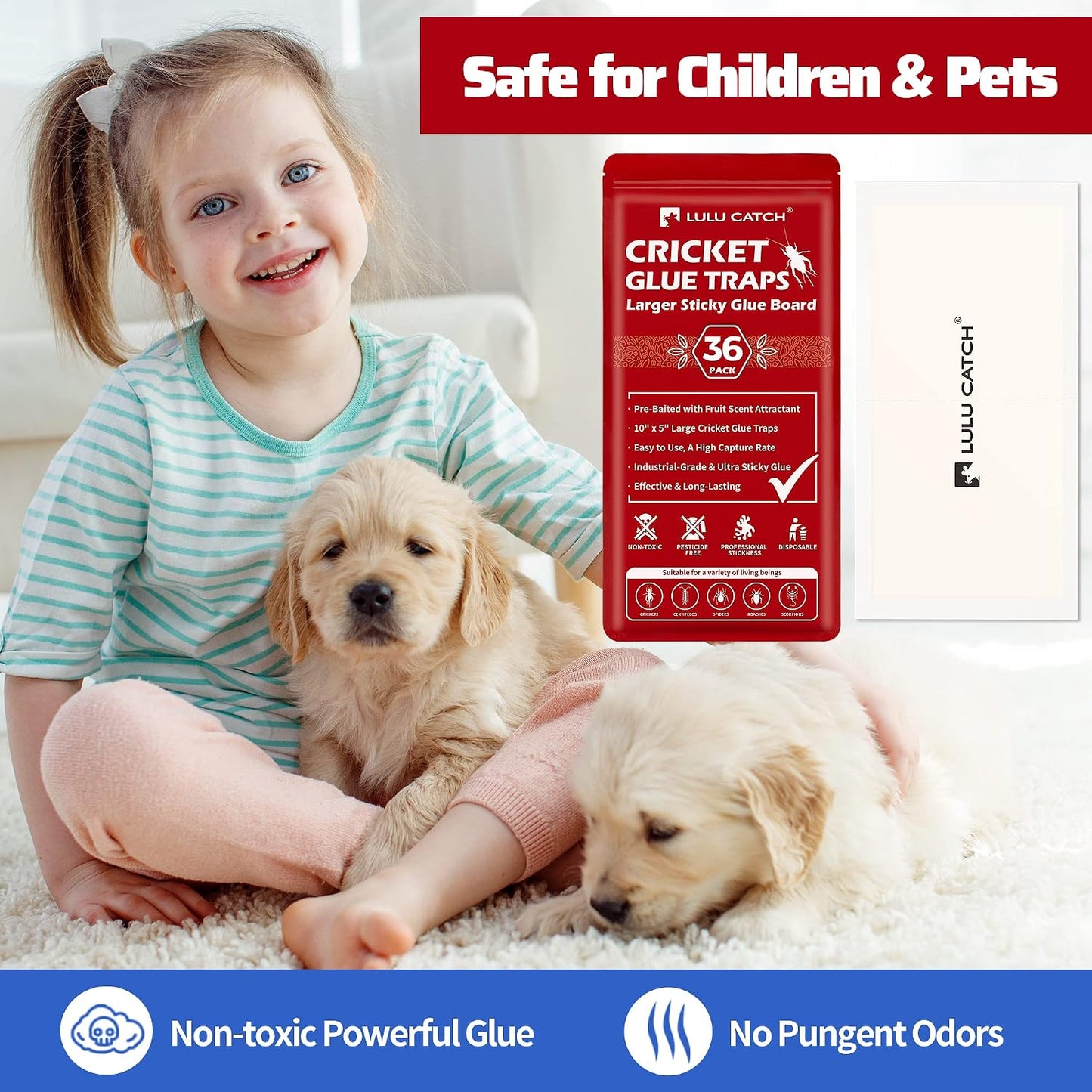 LULUCATCH Cricket Insect Glue Traps - 6 Pack Bug Cockroach Sticky Traps, Large Spider Trap with Pre-Baited Attractant, Highly Effective Glue Boards Indoor, Non-Toxic Pet Safe, Easy to Use