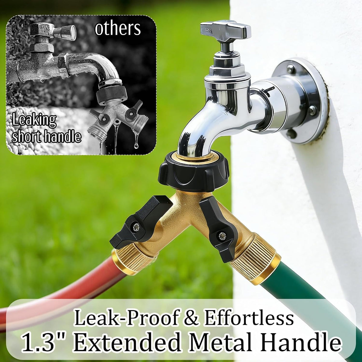 Hourleey Brass Garden Hose Splitter 2 Way, 3/4 Inch Hose Connector Tap Splitter, Hose Y Splitter, Hose Spigot Adapter 2 Valves with Extra Rubber Washers