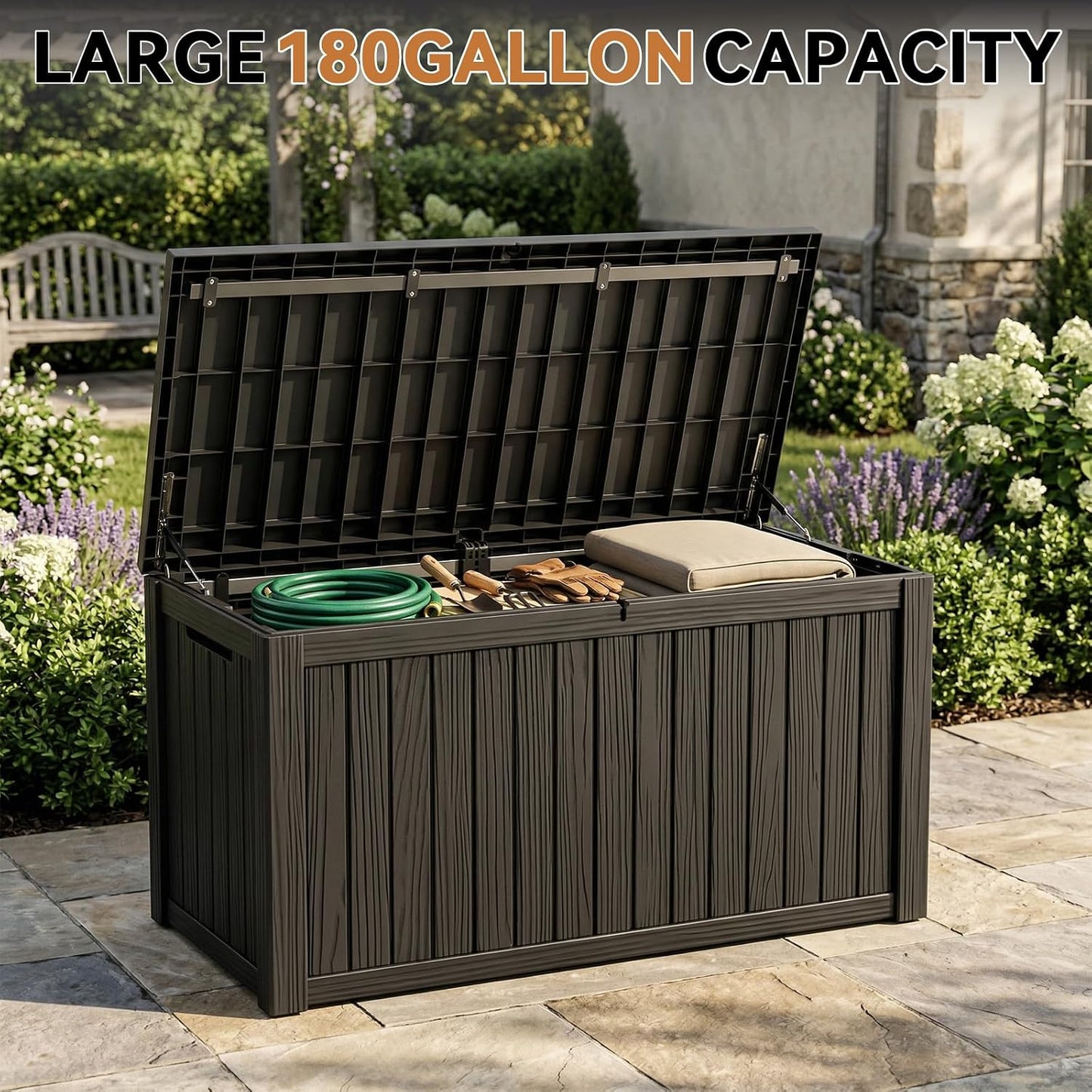 60 Gallon Outdoor Waterproof Storage Box, UV Resistant Resin Deck Box with Built-in Handle, Outdoor Storage Container for Patio Furniture, Garden Tools, Patio Cushions, Black