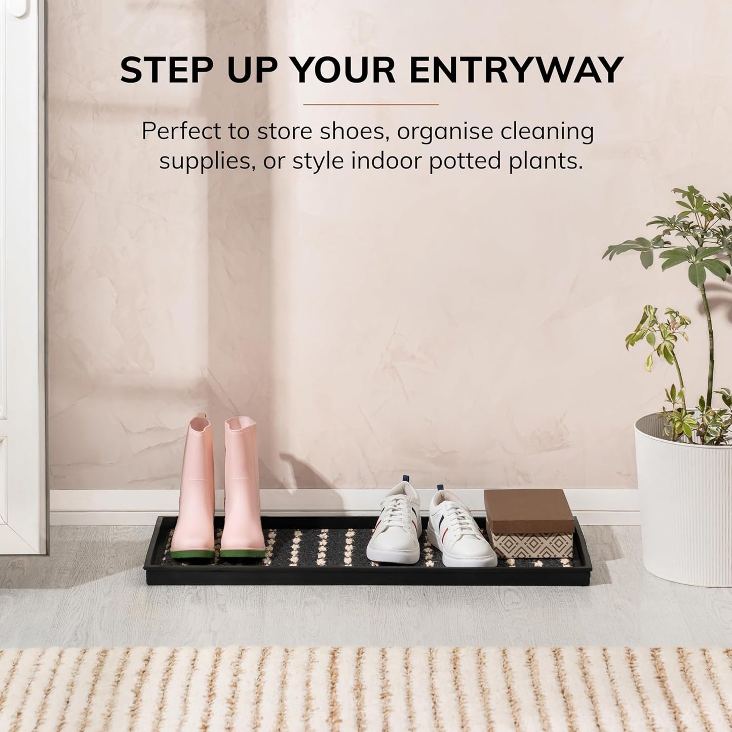 Anji Mountain Heavy Duty Waterproof Rubber Shoe Storage Mat Organizer/Boot Storage Tray Multi Use for Entryway with Coir, Tan Insert, Fits 4 Pair (46.5" Wide)