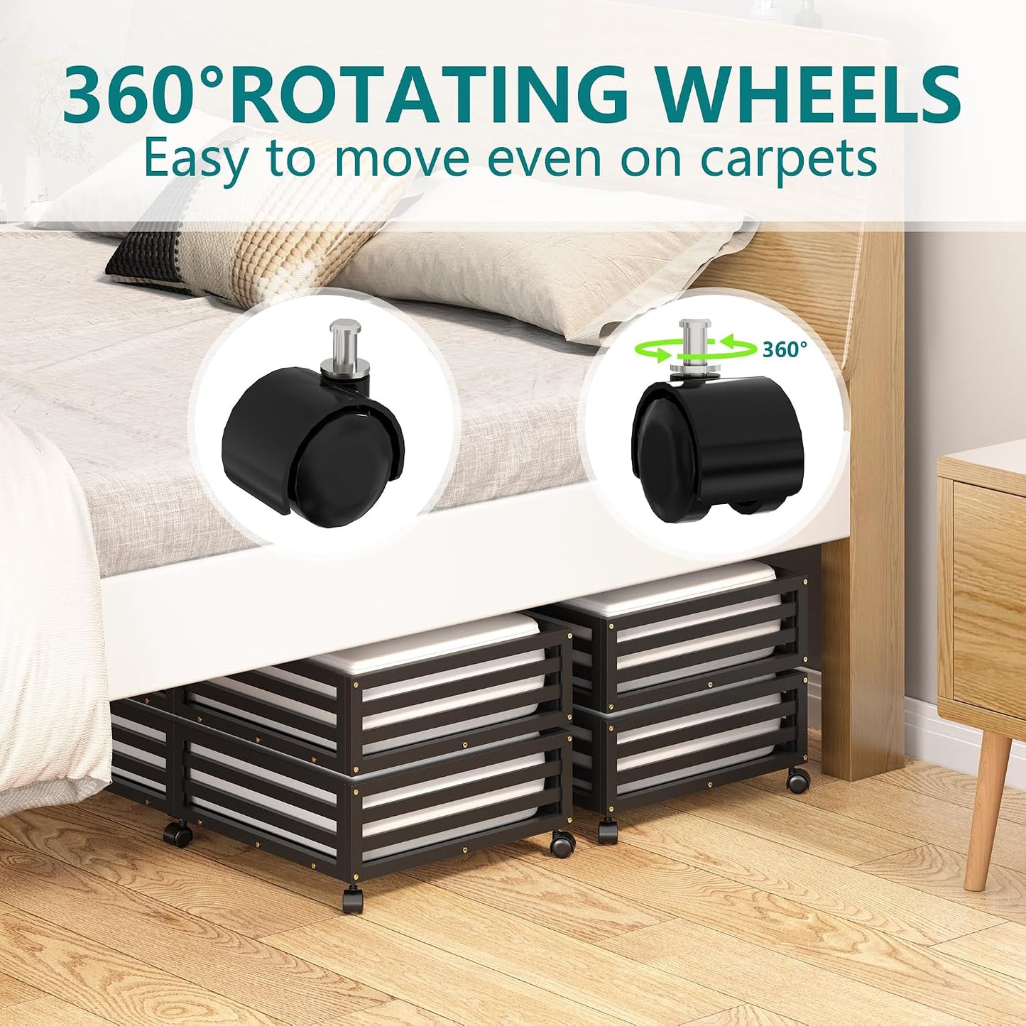 Bamboo Under Bed Storage Containers- Underbed Organizer with Wheels with Large Capacity Dust Bag,Sturdy Wood Rolling Under Bed Shoe Storage Organizer 2 Packs (Nature, 2 Packs (23.62"×16.54"))