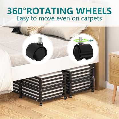 Bamboo Under Bed Storage Containers- Underbed Organizer with Wheels with Large Capacity Dust Bag,Sturdy Wood Rolling Under Bed Shoe Storage Organizer 2 Packs (Nature, 2 Packs (23.62"×16.54"))