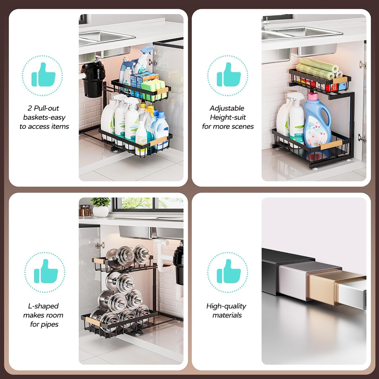 ADBIU Under Sink Organizer 2 Pack, Adjustable Height (11"-15.75") Under Cabinet Storage, 2 Tier Pull Out Sliding Drawers for Kitchen Bathroom, Heavy Duty Metal Shelf, White