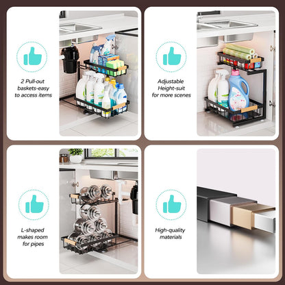 ADBIU Under Sink Organizer 2 Pack, Adjustable Height (11"-15.75") Under Cabinet Storage, 2 Tier Pull Out Sliding Drawers for Kitchen Bathroom, Heavy Duty Metal Shelf, White
