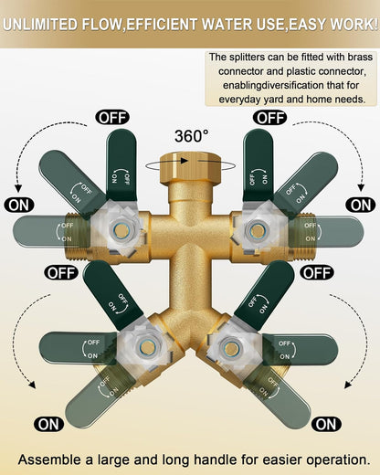 EBH Garden Hose Splitter 2 Way, Heavy Duty Solid Brass Hose Splitter with Shutoff Valves, Water Spigot Splitter With 304 Stainless Steel Handle, Full Flow Outdoor Faucet Splitter, 3/4" GHT Thread