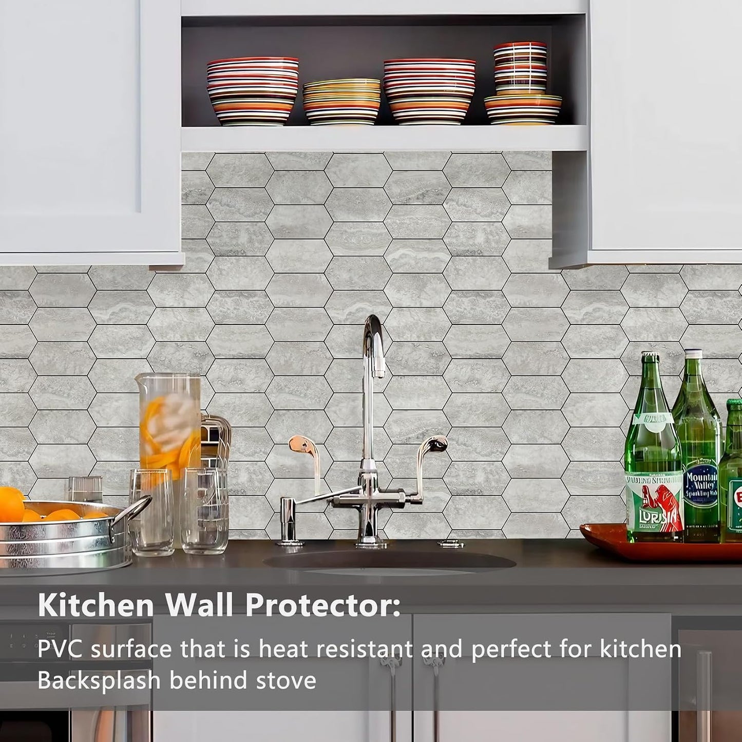 Vamos Tile Long Hexagon Peel and Stick Backsplash Tile - 10 Sheets Stick on Backsplash for Kitchen and Bathroom 12.4 x 12 Inch Glossy Wood Grain PVC Self Adhesive Mosaic Wall Tiles