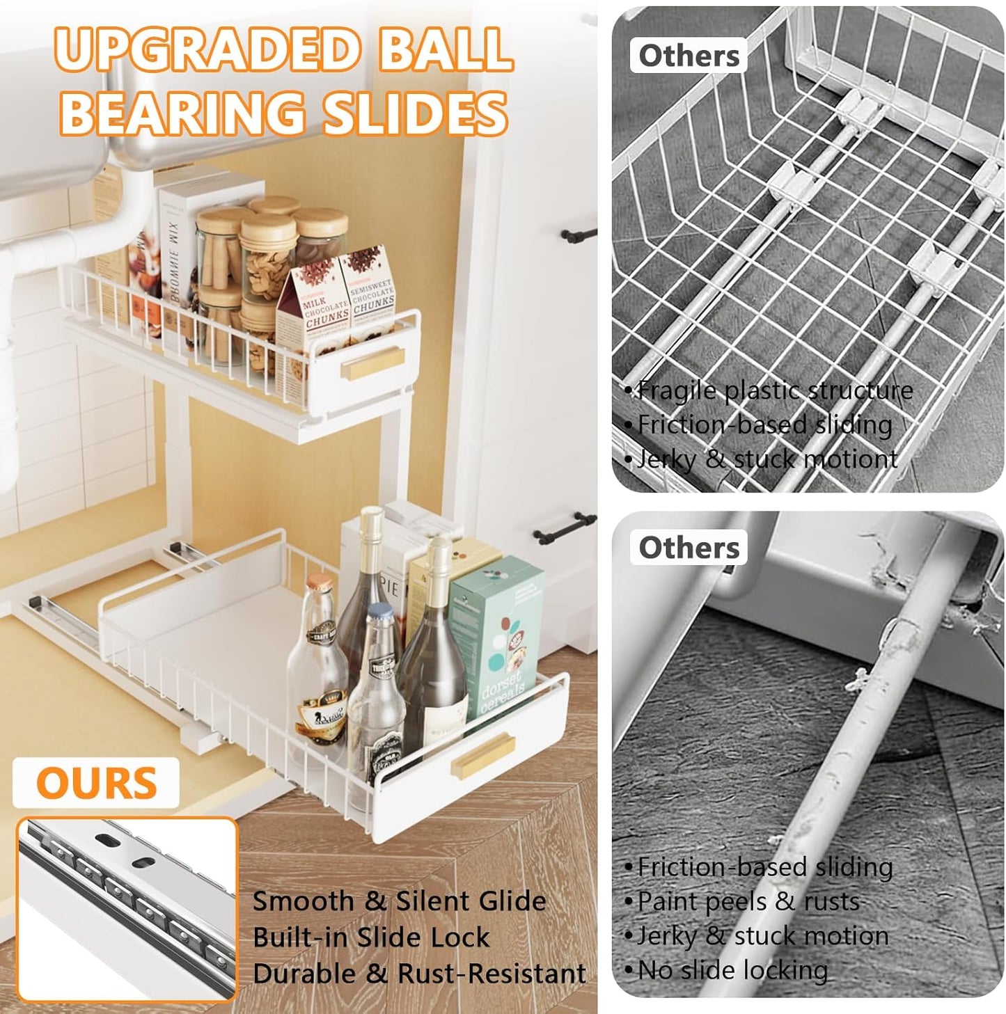 2 Pack Under Sink Organizer with Ball Bearing Sliding Drawer, Heavy Duty Pull Out Cabinet Organizer, 2 Tier Adjustable Storage Rack for Kitchen Bathroom, Space Saving Design, White