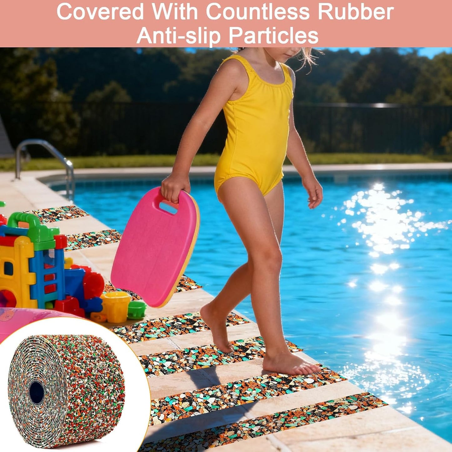Waterproof Tape for Pools, 4" x15FT Heavy Duty Anti Slip Stair Treads Outdoor Tape Non-Slip Rubber Grip Tape Shower Strips Slip Resistant Tape Traction Tape for Stairs Showers Bathroom Trails