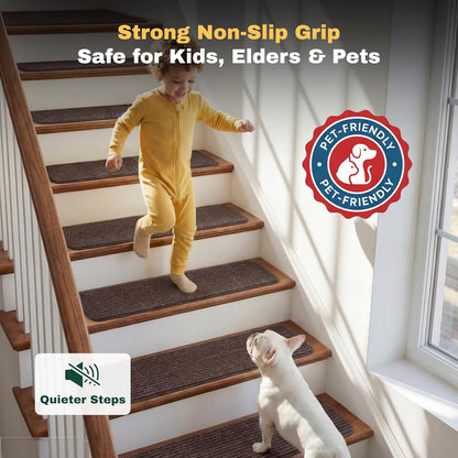 MBIGM 8" X 30" (15 in Pack) Nonslip Carpet Stair Treads Non-Skid Safety Rug Slip Resistant Indoor Runner for Kids Elders & Pets with Reusable Adhesive - Brown - Non Slip Stair Treads Indoor