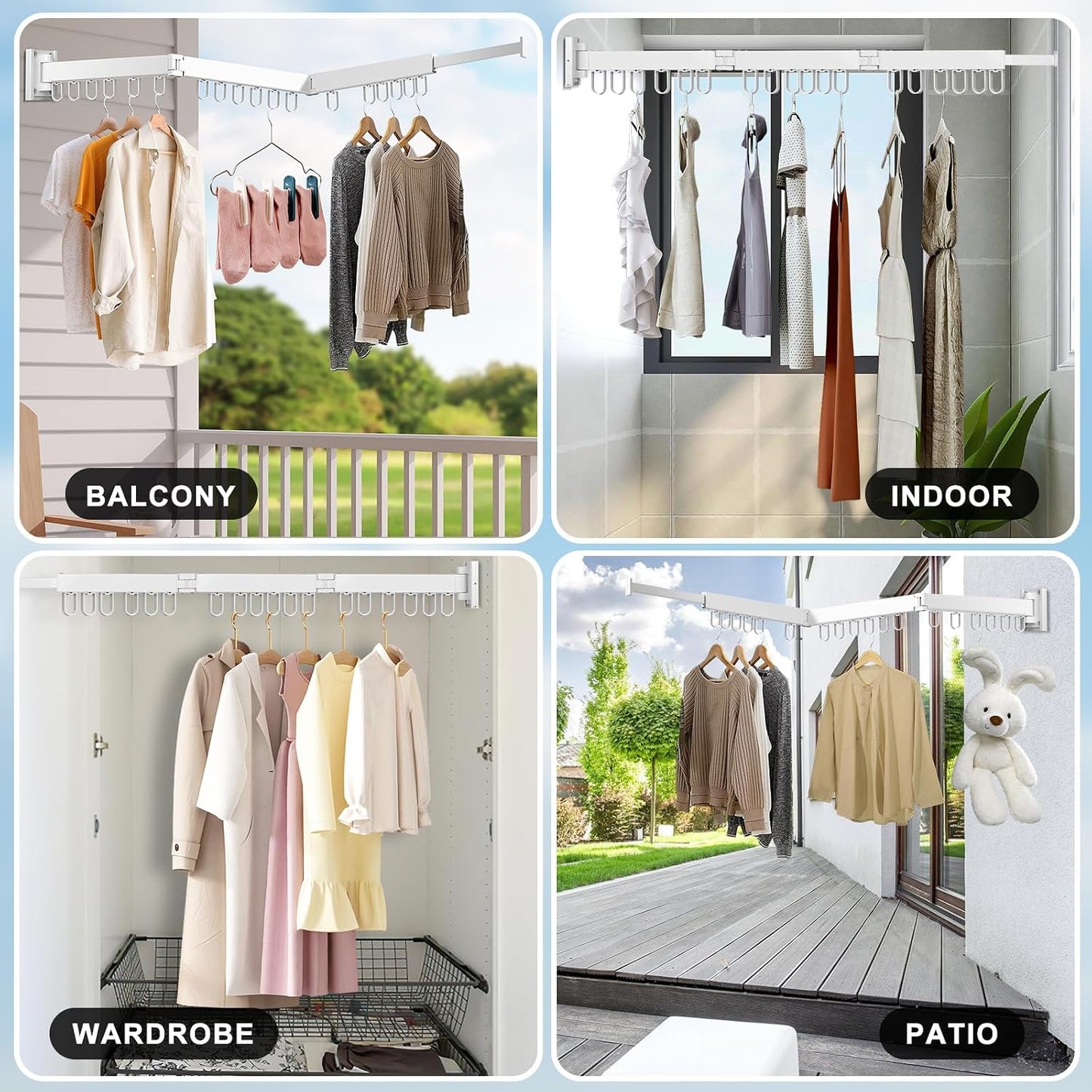 Collapsible Drying Rack with 2 Pack Fixed Frame, Foldable Laundry Rack in Tri-Fold for Balcony,Laundry,Porch (White)