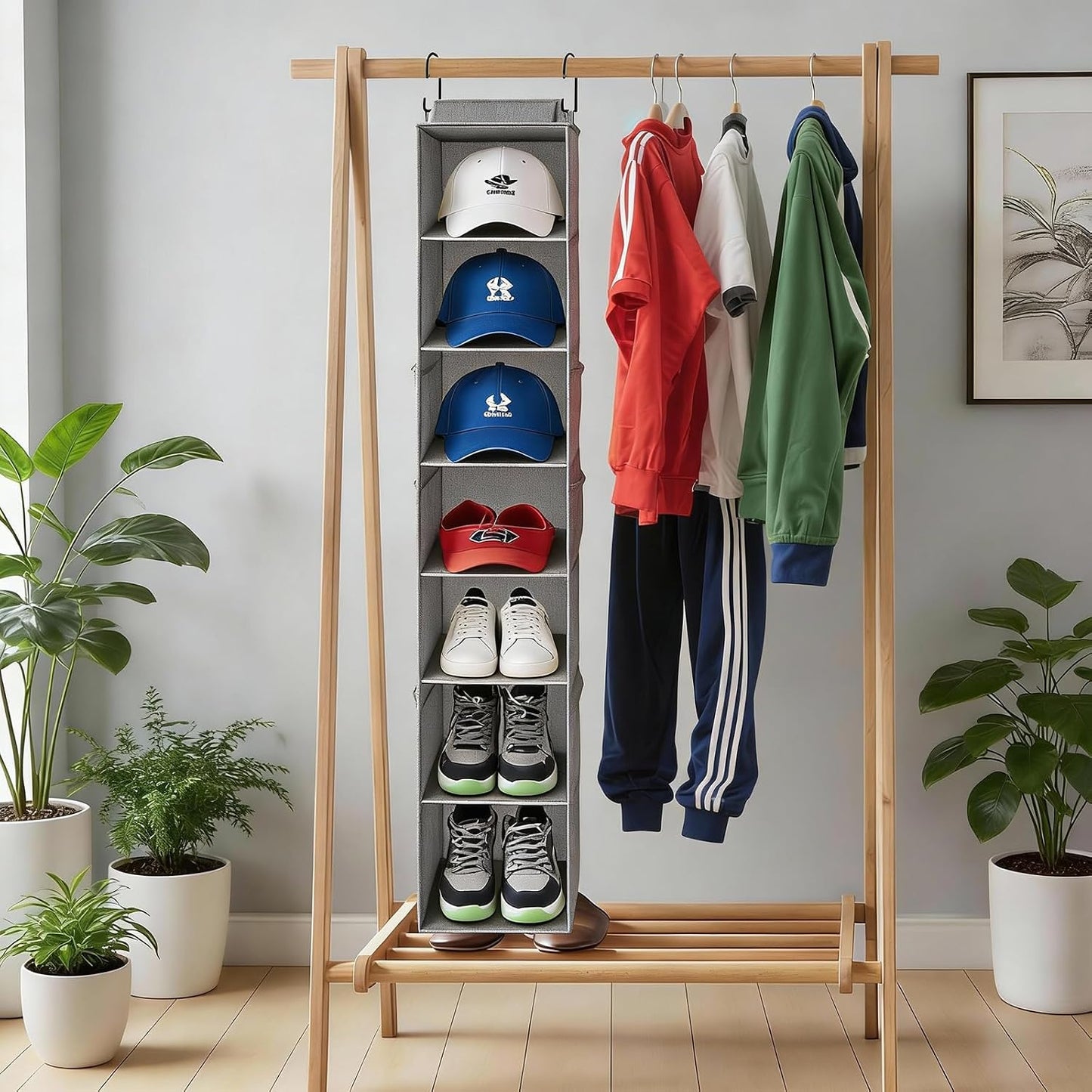 Hanging Shoe Organizer for Closet with 8 Shelves,Mesh Pockets-Wider Hanging Shelves for Shoes,Clothes,Hats with Sturdy Bamboo-Supported Design (Beige)