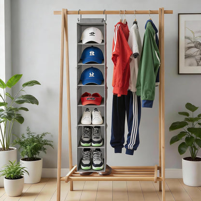 Hanging Shoe Organizer for Closet with 8 Shelves,Mesh Pockets-Wider Hanging Shelves for Shoes,Clothes,Hats with Sturdy Bamboo-Supported Design (Beige)