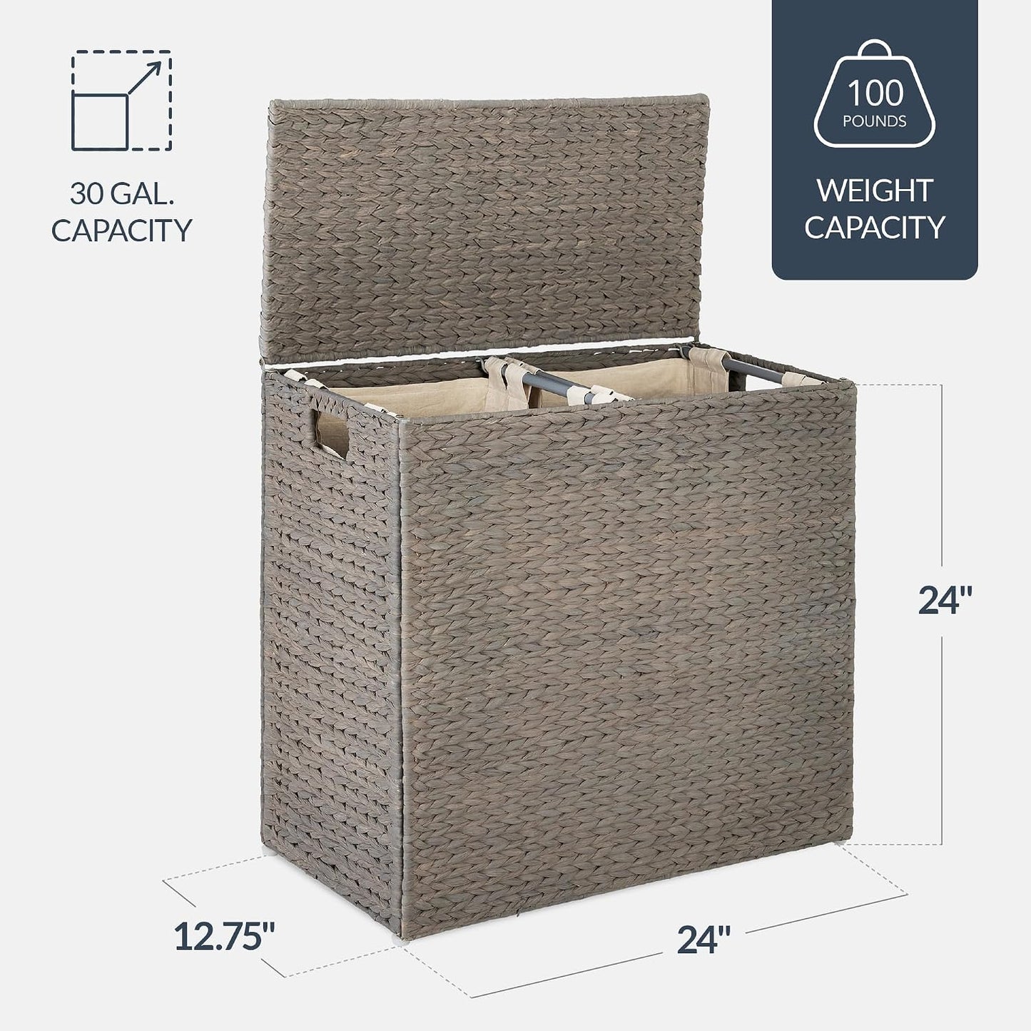 Best Choice Products Large Double Laundry Hamper with Lid, Natural Handwoven Water Hyacinth, 2 Sections w/ 2 Machine Washable Linen Liner Bags, Portable, Handles - Natural