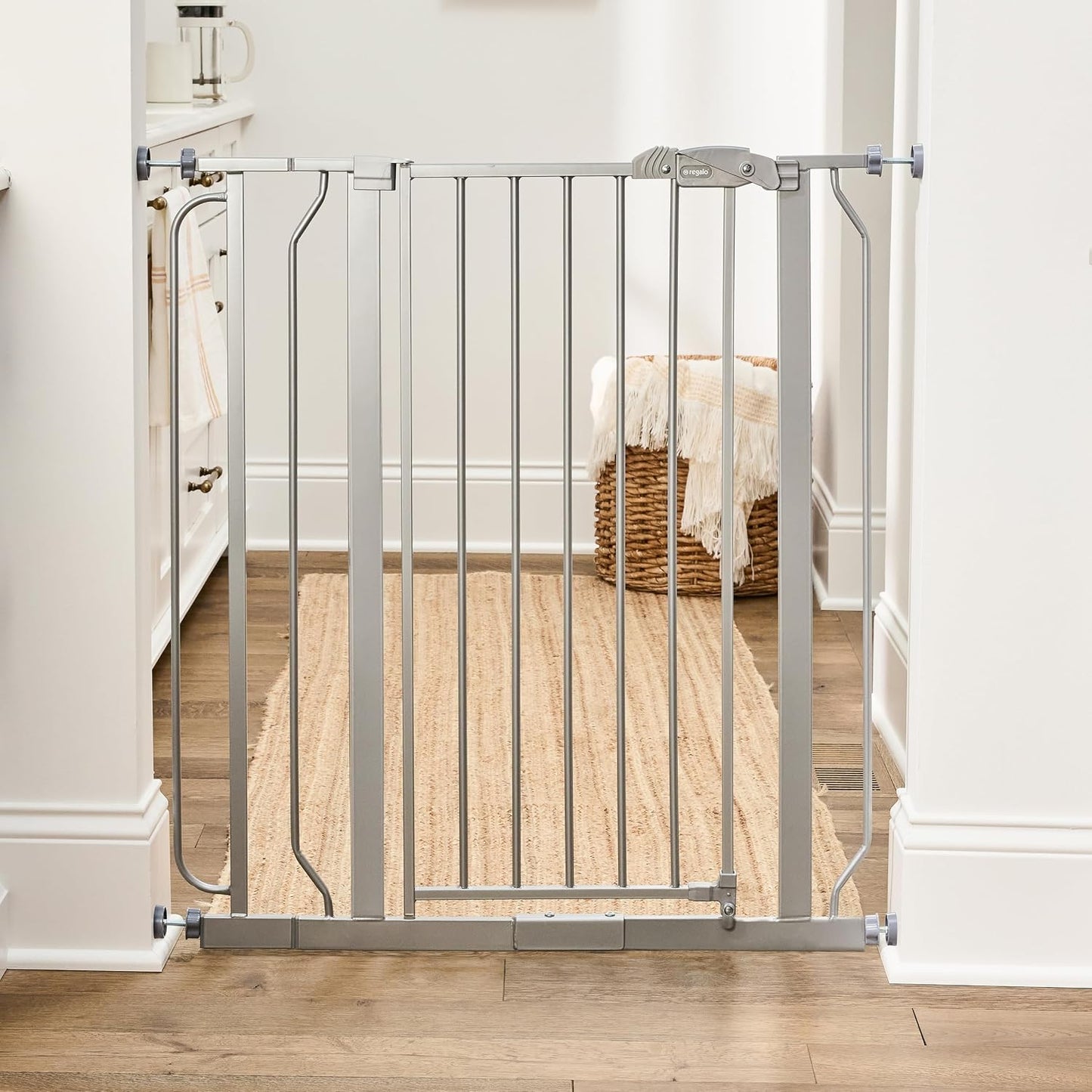 Regalo Safety 29-38.5" Baby Gate for Doorways & Bottom of Stairs, Pressure Mounted Baby Gate with Door for Babies, Toddlers & Pets, Tested & Safe for 30 Years, American Designed, American Owned, White