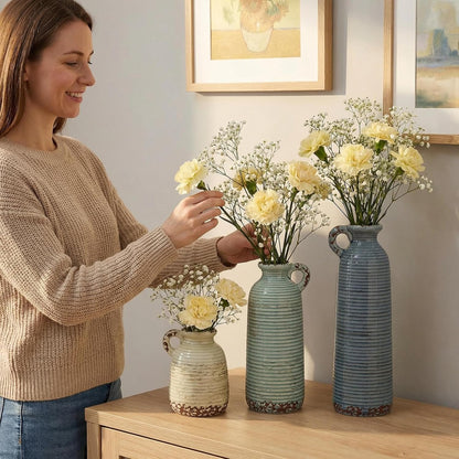 Ceramic Vase Set of 3 with Handles, Green White Neutral Rustic Modern Farmhouse Boho Decor, Versatile as Table Centerpiece or Mantel & Shelf Accent - Unique Home Gift Idea