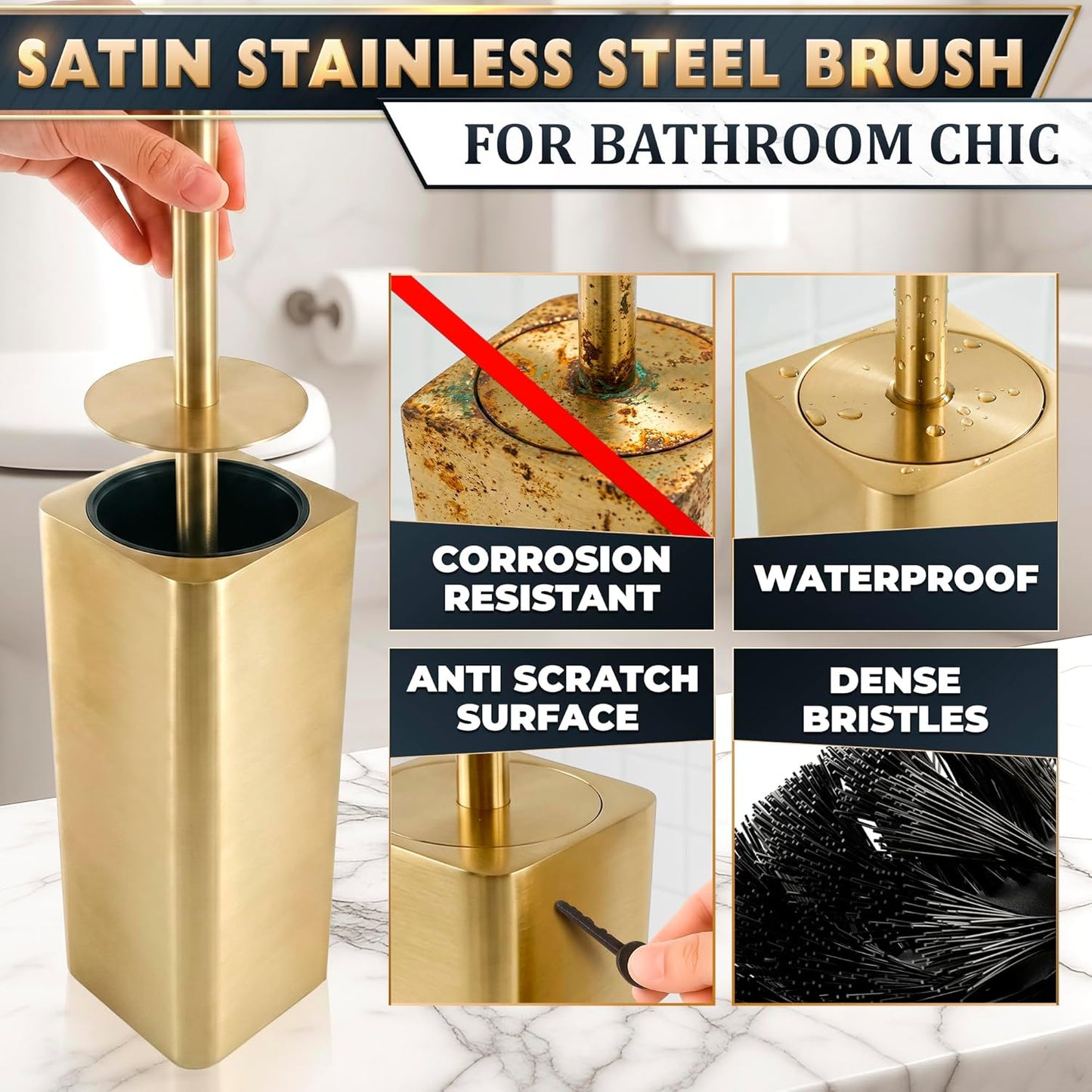 Black Toilet Brush and Holder Set - Slim Matte Design that Fits Anywhere - Stainless Steel Toilet Bowl Brush and Holder with 2 Rounded Corners, Replaceable Head, Removable Inner Bowl & Splash Guard