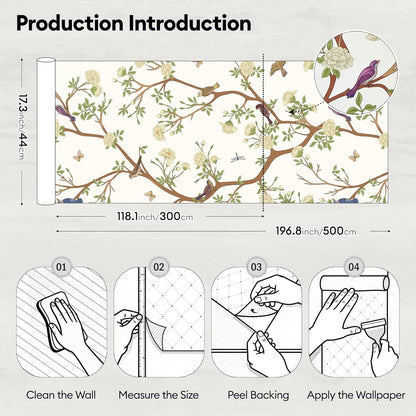 17"x118" Peel and Stick Wallpaper for Renter Friendly, Removable Wallpaper Peel and Stick, Self-Adhesive Textured Contact Paper for Walls, Cabinets, Countertops(Morning Song of Flowers)