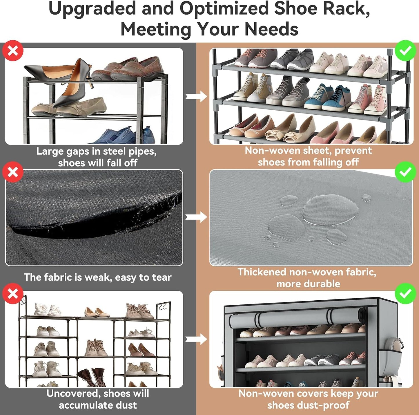 LANTEFUL Shoe Rack with Covers - 10 Tiers Tall Shoe Rack Organizer Large Capacity Shoe Shelf Storage 40 Pairs Space Saving Vertical Shoe Storage Organizer for Closet, Entryway, Dorm, Bedroom