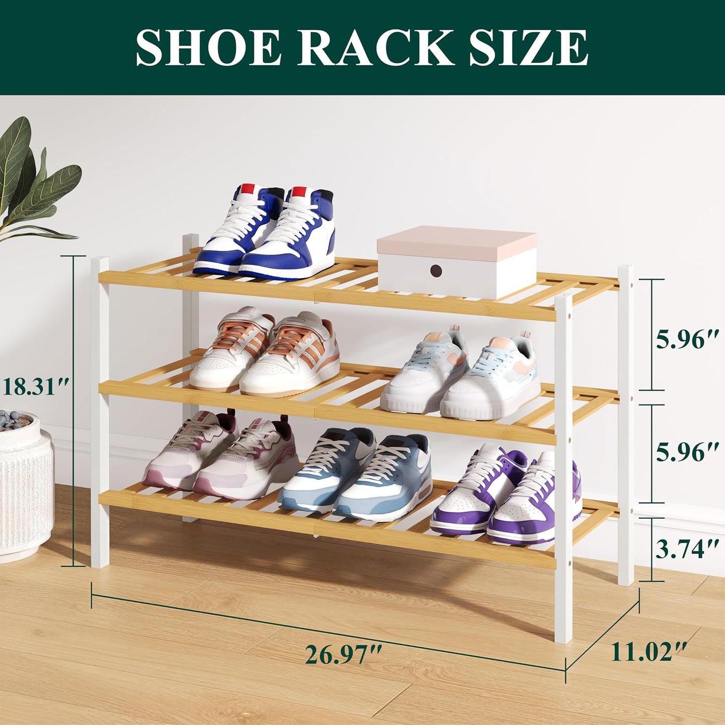Smiry Bamboo Shoe Rack for Closet, 3 Tier Wooden Shoe Organizer, Stackable Wood Shoe Storage Shelf for Entryway, 14 Vertical Slats, One-piece Heavy-Duty Legs, 26.77"x11.02"x18.31", Natural