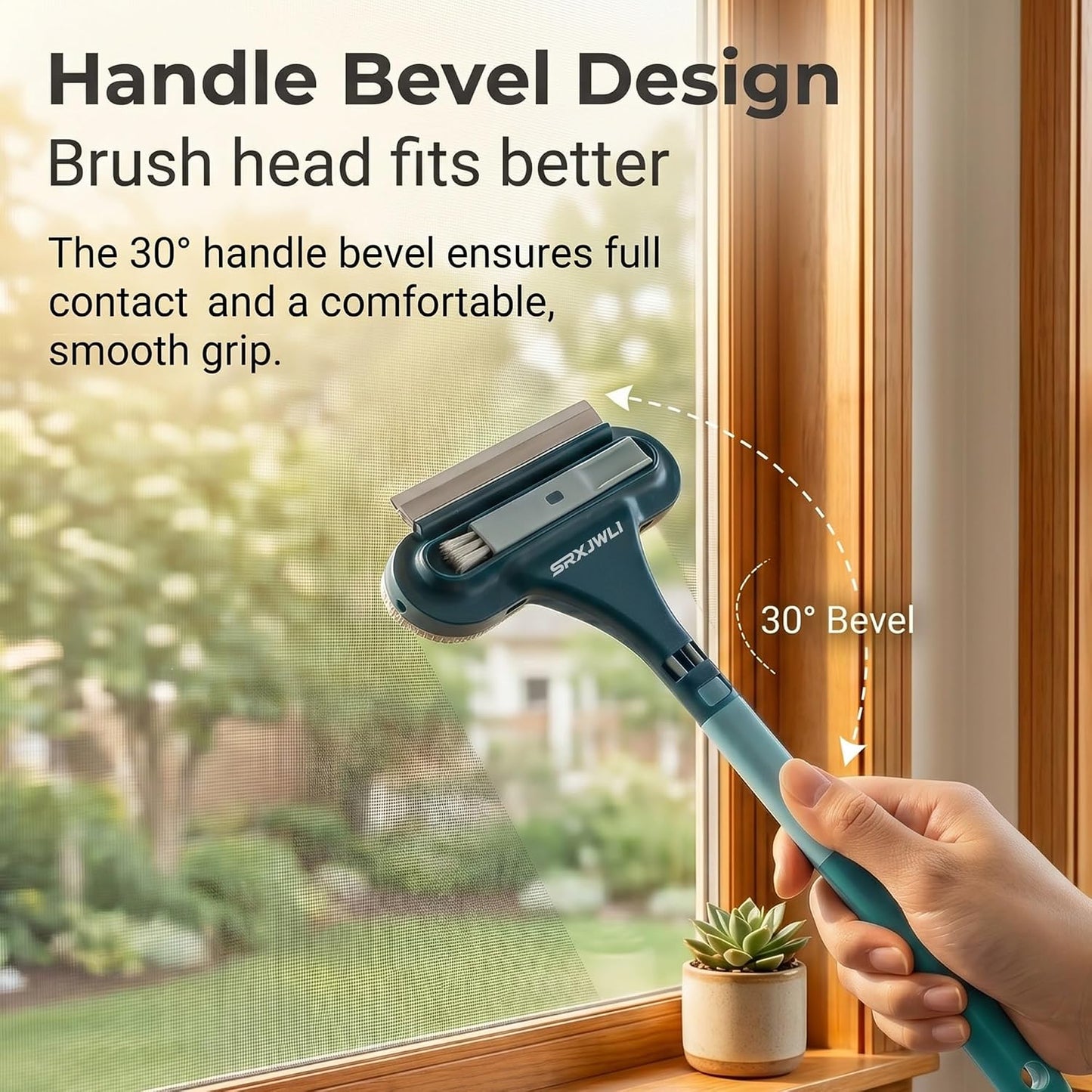 Window Screen Cleaner Tool Outdoor Mesh Cleaning Brush Full Crystal Glass Door LCD Track Hose Washer Windshield Clean 2-in-1 Multi-Purpose Double-Sided Kit with Vacuum Squeegee Handle(Blue)