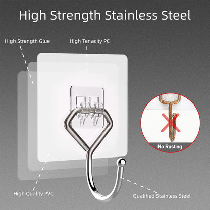 Large Adhesive Hooks 44Ib(Max), Wall Hooks Self-Adhesive Traceless Clear and Removable, Waterproof and Rustproof Hooks for Hanging for Home Bathroom Kitchen Office and Outdoor, 10-Pack