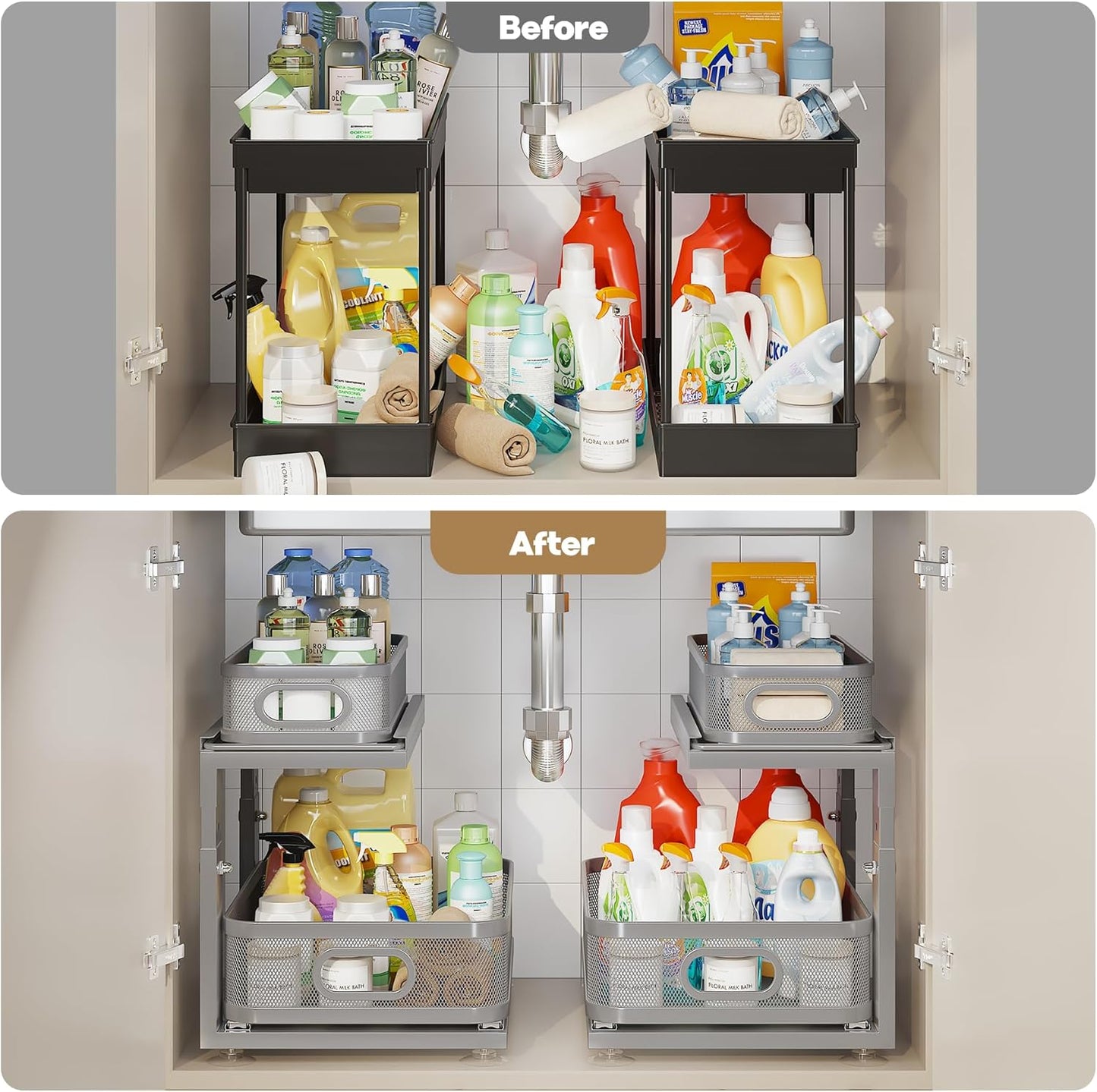 2 Pack 18.5IN-Depth Under Sink Organizer With Next-Gen Ball-Bearing Slides,2-Tier Precision Mesh Pull Out Cabinet Storage for Bathroom&Kitchen,Height Adjustable Drawers Shelf,Anti-rust-White